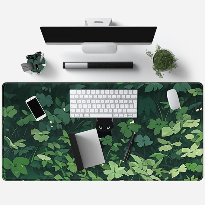 Black Cat Anime Desk Gaming Mat, XL Green & Large, 31.5x15.8in, for Women & Offices