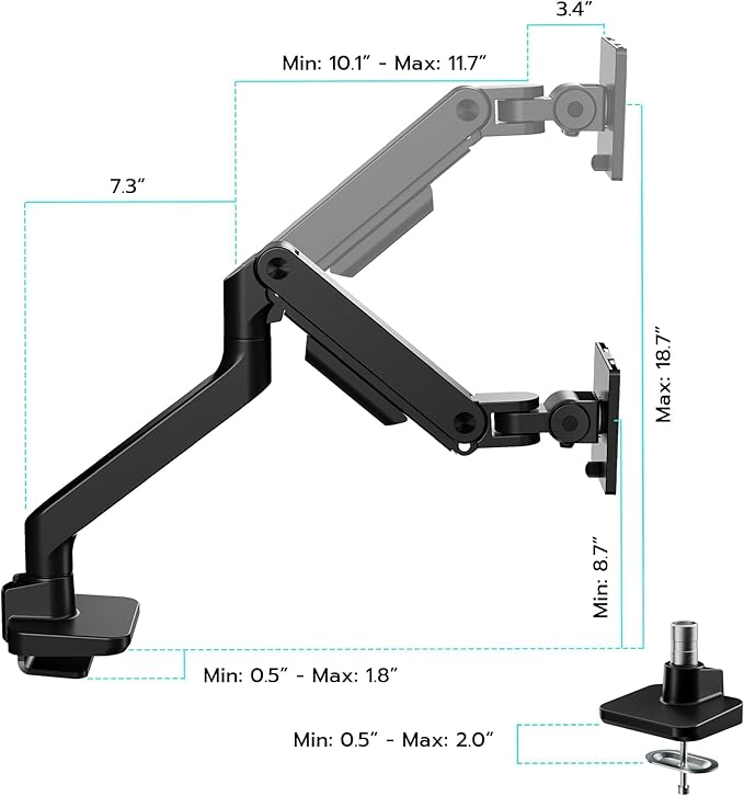 ARES WING Ultrawide Monitor Arm for 17 to 49 Inch Heavy Duty Curved Screen, Holds 44 Lbs, Adjustable Gas Spring Monitor Arm Desk Mount with C Clamp, Grommet Base, 75/100 Vesa Mount, Black
