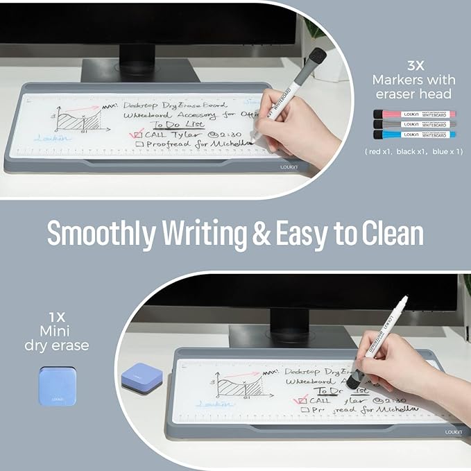 LOUKIN Glass Desktop Whiteboard, 15.3" x 5.6" Dry Erase Desk Board with Dotted and Graduated Surface, Desktop Buddy, Great for Design and Drawing, 3 Markers and 1 Dry Erase Eraser Included (Grey)