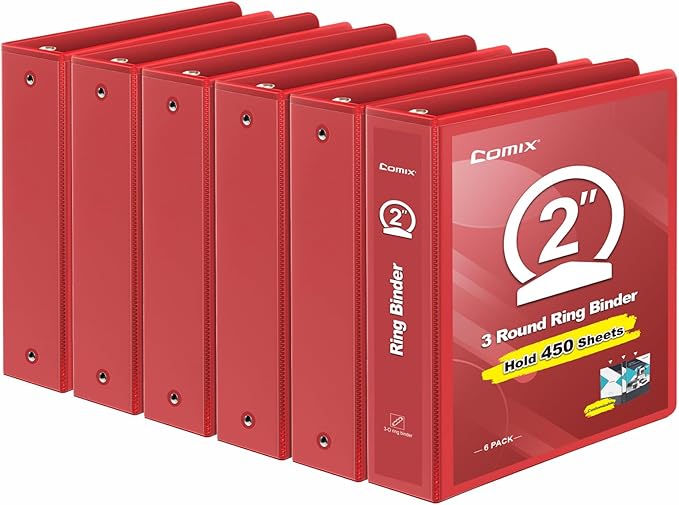 COMIX 3 Ring Binder 2 inch with Clear View Cover, 2" View Binder Holds 450 Sheets of US Letter Size Paper, 6 Pack (Red)