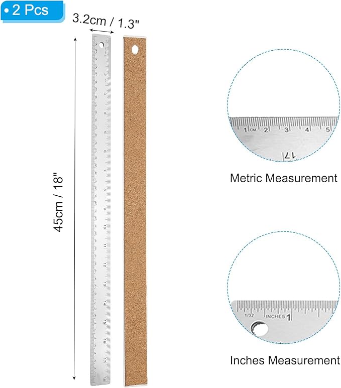 PATIKIL 18 Inch Stainless Steel Ruler Straight Edge Ruler, 2 Pcs Cork Backing Non-Slip Metal Ruler with Inches Centimeter Metric Measuring Tools for Office