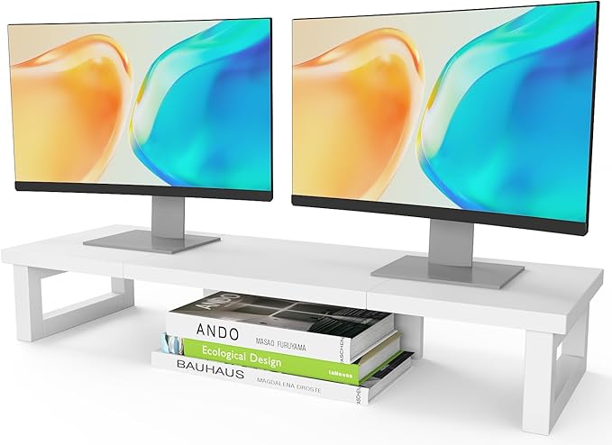 WESTREE Dual Monitor Stand Riser, Wood and Steel Monitor Stand Riser, Computer Monitor Stand for 2 Monitors, Multi-Purpose Desktop Storage Stand for Computer,Laptop,Printer,TV