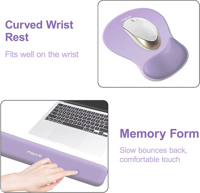 MOSISO Wrist Rest Support for Mouse Pad&Keyboard Set, Ergonomic Mousepad with Concave Curved Memory Foam, Non-Slip Base Pain Relief Comfortable Rectangular Easy Typing Pad for Home/Office, Purple