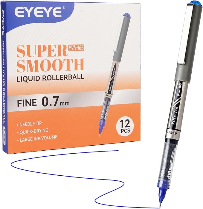 EYEYE Blue Pens Needle Tip 12 Pack Rollerball Pen 0.7mm Medium Point Quick Dry, Liquid Ink Pens Fine Point Smooth Writing Pen for Journaling, Note Taking, Office, School Supplies