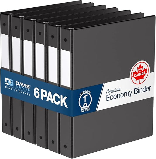Premium Economy 6-Pack 3-Ring Binders for School or Office, Round-Ring Binders, 1 Inch, Black