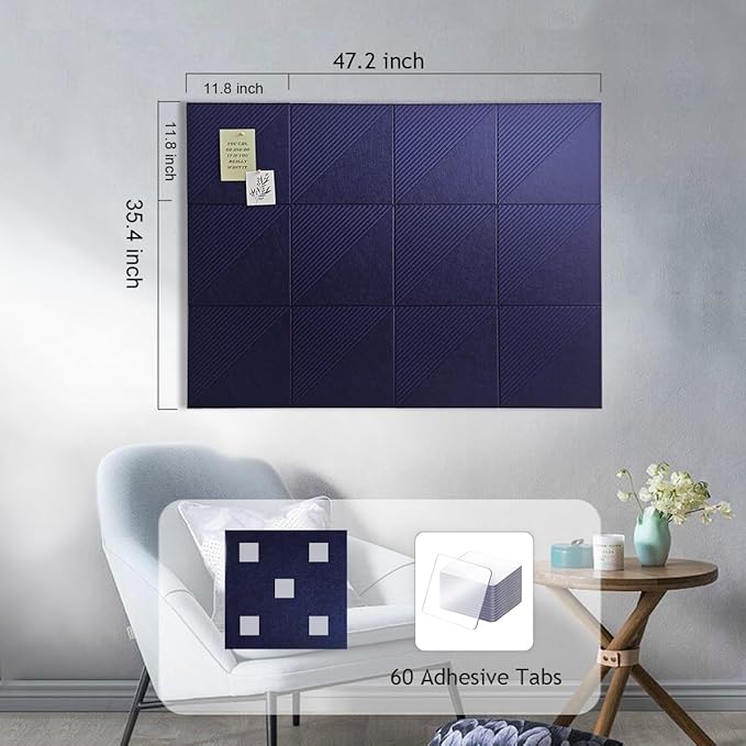Large Cork Board for Walls 48"x 36", 12 Pack Felt Wall Tiles with Safe Removable Adhesive Tabs, Cork Board for Office,Pinboard Bulletin Board - Dark Blue