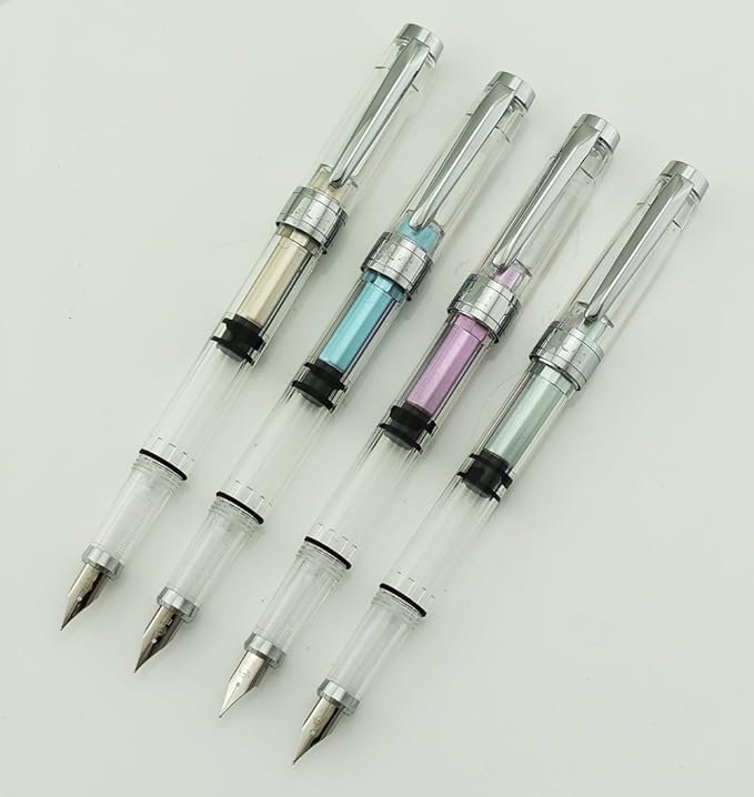 Lanxivi Yongsheng 3008 Piston Fountain Pen EF Extra Fine Nib,Transparent SilverTrim 4 Colors Set