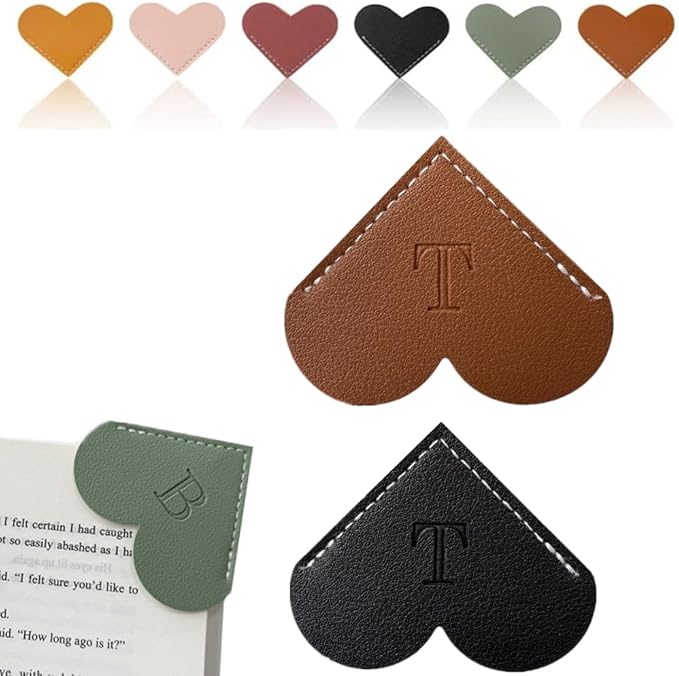 Personalized Leather Heart Bookmark, 26 Letters Customized Corner Book Mark for Reading Women, Book Marker with Initials，Cute Gifts (Black+Dark Brown, T)