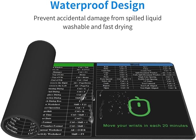 Excel Shortcut Keys Mouse Pad, Computer Word Outlook Command Prompt Extended Large XL Cheat Sheet, Non Slip Rubber Base Stitched Edge Gaming Mousepad, PC Office Keyboard Mat 31.5 X 11.8 Inch