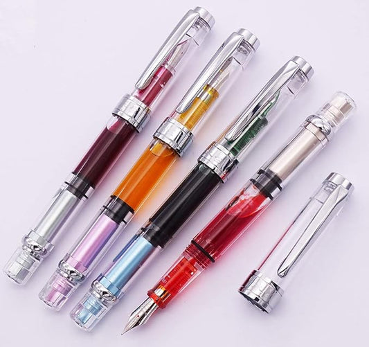 Lanxivi 4 x Yongsheng 3008 Fountain Pen Upgrated Fine Nib,Silver Trim,Piston Filling, Transparent