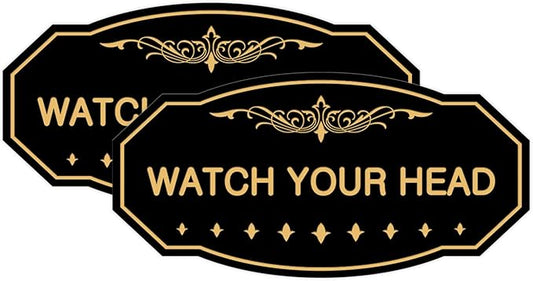 Signs ByLITA Victorian Watch Your Head Sign (Black/Gold) - Small 2 Pack