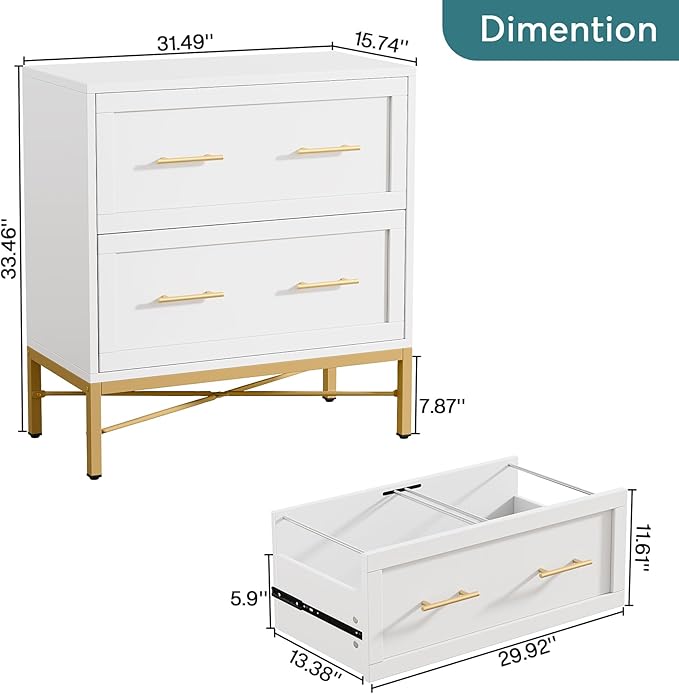 Tribesigns Modern White 2 Drawer File Cabinet, Lateral Filing Cabinet for Letter/Legal/A4 Size, Wood File Storage Cabinets Printer Stand with Storage for Home, Office, White and Gold