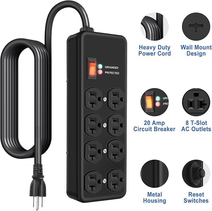 20Amp Power Strip Surge Protector, Durable Metal 8-Outlet with Heavy Duty 20 Amp 10Ft 12 Gauge Extension Cord, for Garage, Workshop & Industrial Use with 6-20R T-Slot Outlets, 4800J