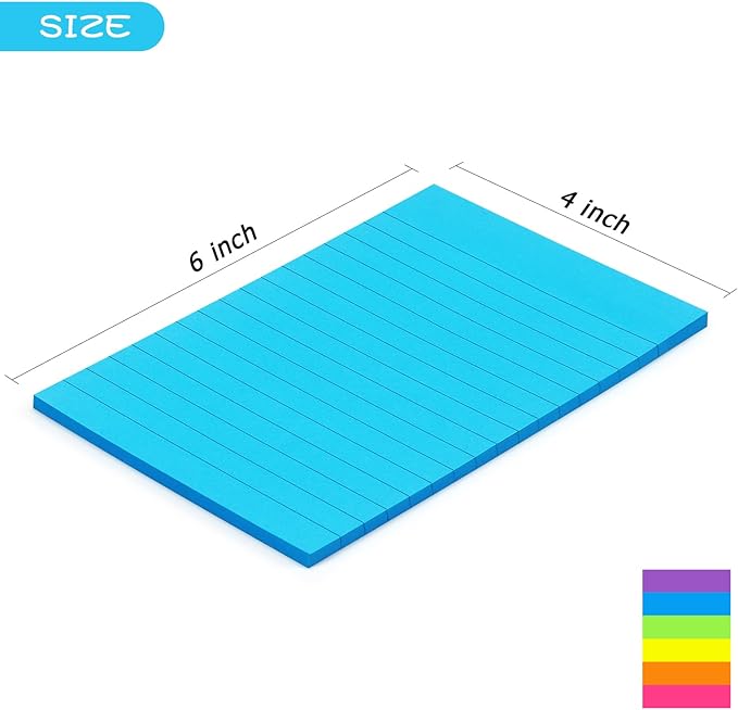 Early Buy Lined Sticky Notes with Lines 4x6 Self-Stick Notes 6 Bright Color 6 Pads, 45 Sheets/Pad