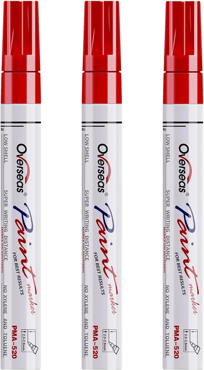 Overseas Permanent Paint Markers Pens - 3 Pack Red Oil Based Paint Pens, Medium Tip, Quick Drying and Waterproof Marker Pen for Metal, Rock, Wood, Fabric, Plastic, Canvas, Mugs, Stone, Glass