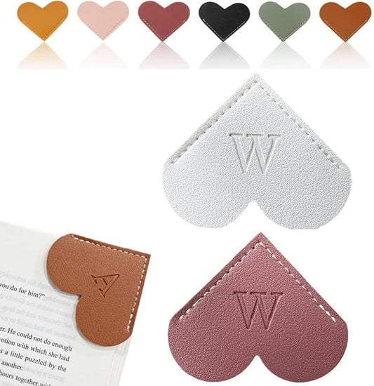 Personalized Leather Heart Bookmark, 26 Letters Customized Corner Book Mark for Reading Women, Book Marker with Initials，Cute Gifts (White+Deep Pink, W)