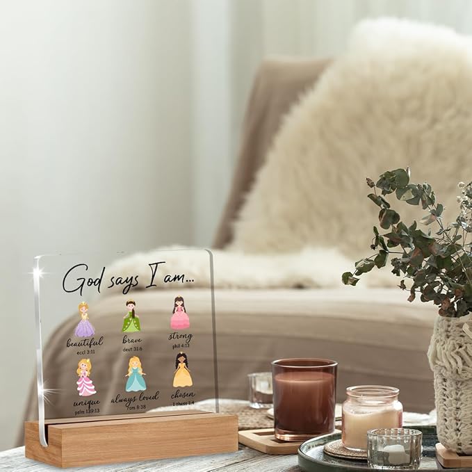 Princess Gifts for Girls, Princess Acrylic Plaque Room Decor for Girl Bedroom, Inspirational Gifts for Teen Girls, God Says Quotes Desk Signs Decor 4 × 4 Inches