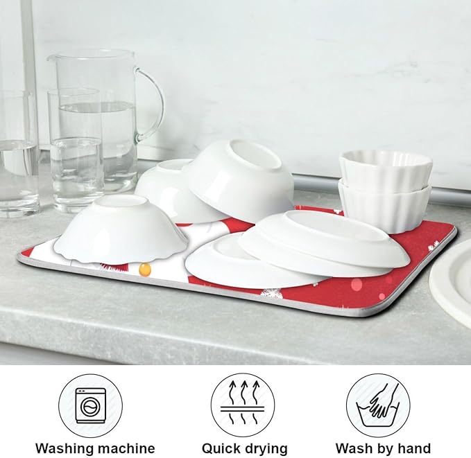 Christmas Snowflakes Snowman Dish Drying Mat 16 X 18 Inch Xmas Snowmen Winter Santa Dry Dishes Pads Tableware Mats Protector for Kitchen Countertops Counter Home Decorations