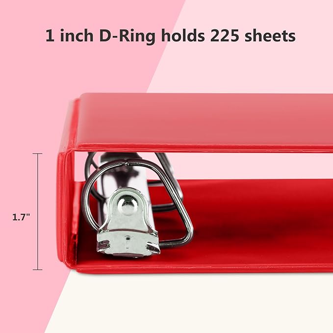 ViVin Sturdy 1 Inch D Ring Binders, 3 Ring Binders with 2 Pockets, Hold 225 Sheets of US Letter Size Paper for Office,Home,School, 6 Pack (Red)