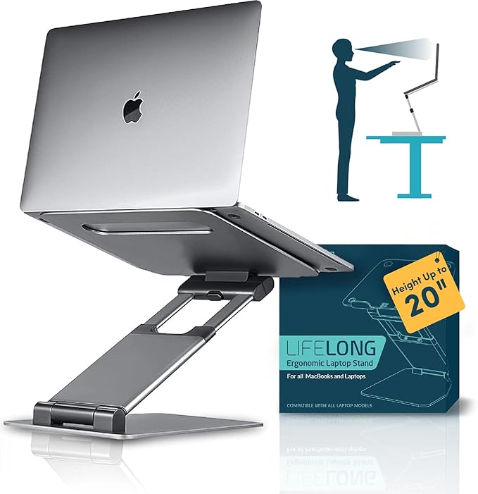 Lifelong Ergonomic Adjustable Laptop Stand for Desk - Height Up to 20" Portable Computer Laptop Riser Holder, Fits All MacBook Air & 10 15 17 Inches Laptops, Back to School Gift for Men & Women
