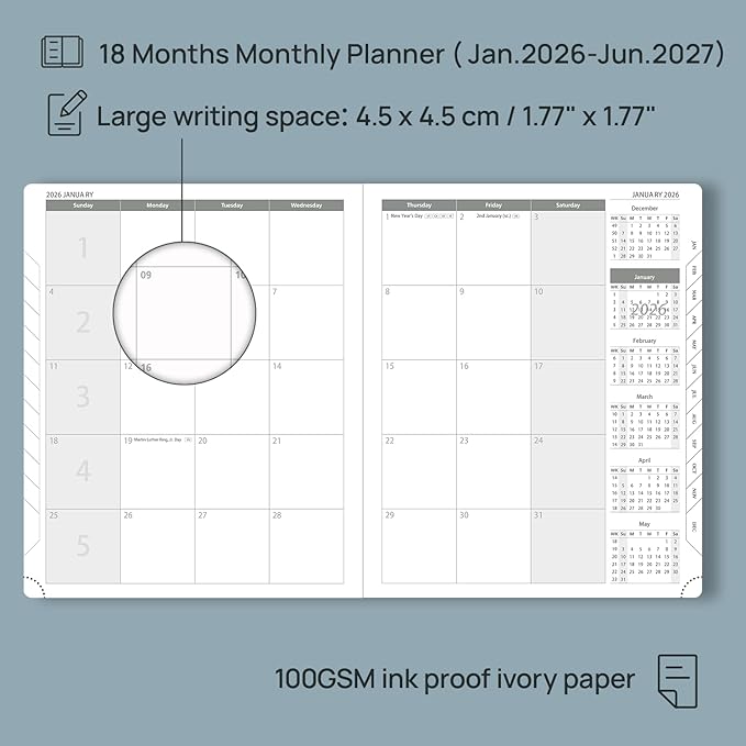 POPRUN Monthly Planner 2026-2027 (Large- 8.5" x 10.5" Soft Cover), 18-Month Calendar Book (Jan.2026 - Jun. 2027), Calendar Planner with Monthly Tabs & Pocket, 100 GSM Paper - Pacific Green
