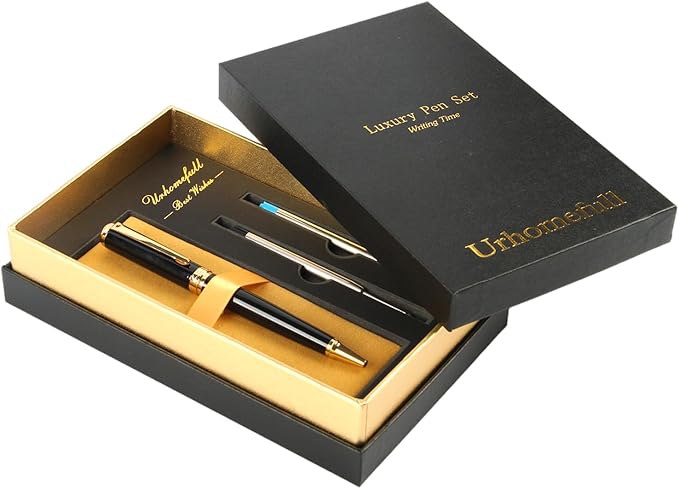 Stunning Ballpoint Pen with 24K Gold Trim, Switzerland Tip Point with Refills, Luxury Ball Point Pen Gift Set for Men Women, Nice Writing Pens for Drawing Chirtmas Black