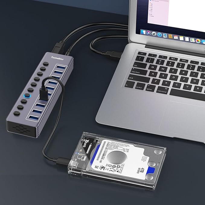 Powered 10-Port USB 3.0 Hub, USB C to 10 Ports USB Data Hub Splitter with Individual LED On/Off Switche, 3.3FT Cable, 12V/3A Power Adapter, for Laptop MacBook Pro/Air PC (Aluminum Gary)