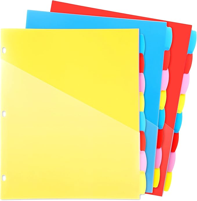 WOT I Plastic 8-tab Dividers with 2 Clear Pockets - 3 Sets, Binder Dividers for 3 Ring Binder, Bright Multicolor, Total 24 Tabs