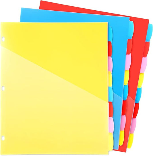 WOT I Plastic 8-tab Dividers with 2 Clear Pockets - 3 Sets, Binder Dividers for 3 Ring Binder, Bright Multicolor, Total 24 Tabs