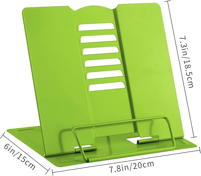 MSDADA Book Stand Metal Reading Rest Book Holder Adjustable Cookbook Documents Holder Portable Sturdy Bookstands for Recipes Textbooks Tablet Music Books with Page Clips (Green)