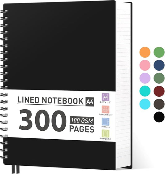 AHGXG Spiral Notebook College Ruled - Spiral Journal Notebook 8.5" x 11" Large A4, 300 Pages Lined Journal, 100GSM Thick Paper, Plastic Hardcover, for Women Men Office School Writing Work, Black