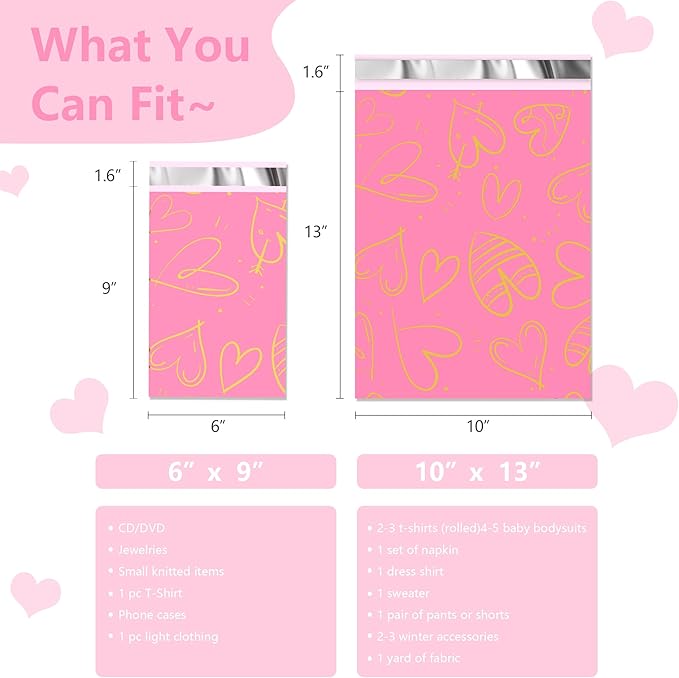 Thank You Poly Mailers 6x9 Inch 100 Pcs - Heart printed Shipping Bags, 2.4mil Thickness, Waterproof and Tear Resistant Mailing Envelopes, Self-Sealing Packaging Bags for Clothing