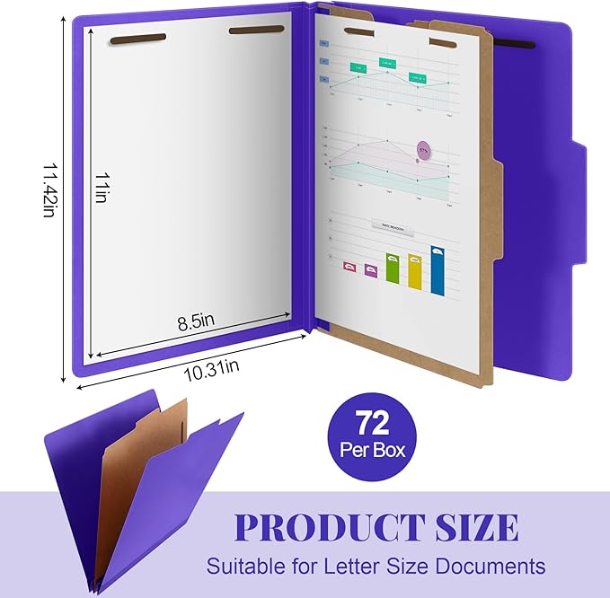 Skyygemm 72 Pcs Classification Folders Letter Size, 1 Divider Pressboard File Folder with Fasteners, Expanding File Organizer Bulk for Teachers, Clergy, Office, Church, Christmas Donations (Purple)