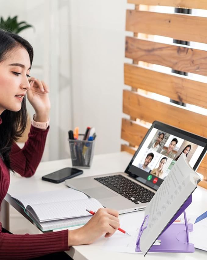 MSDADA Book Stand Metal Reading Rest Book Holder Adjustable Cookbook Documents Holder Portable Sturdy Bookstands for Recipes Textbooks with Page Clips Birthday Gifts for Girls Mom Students(Purple)