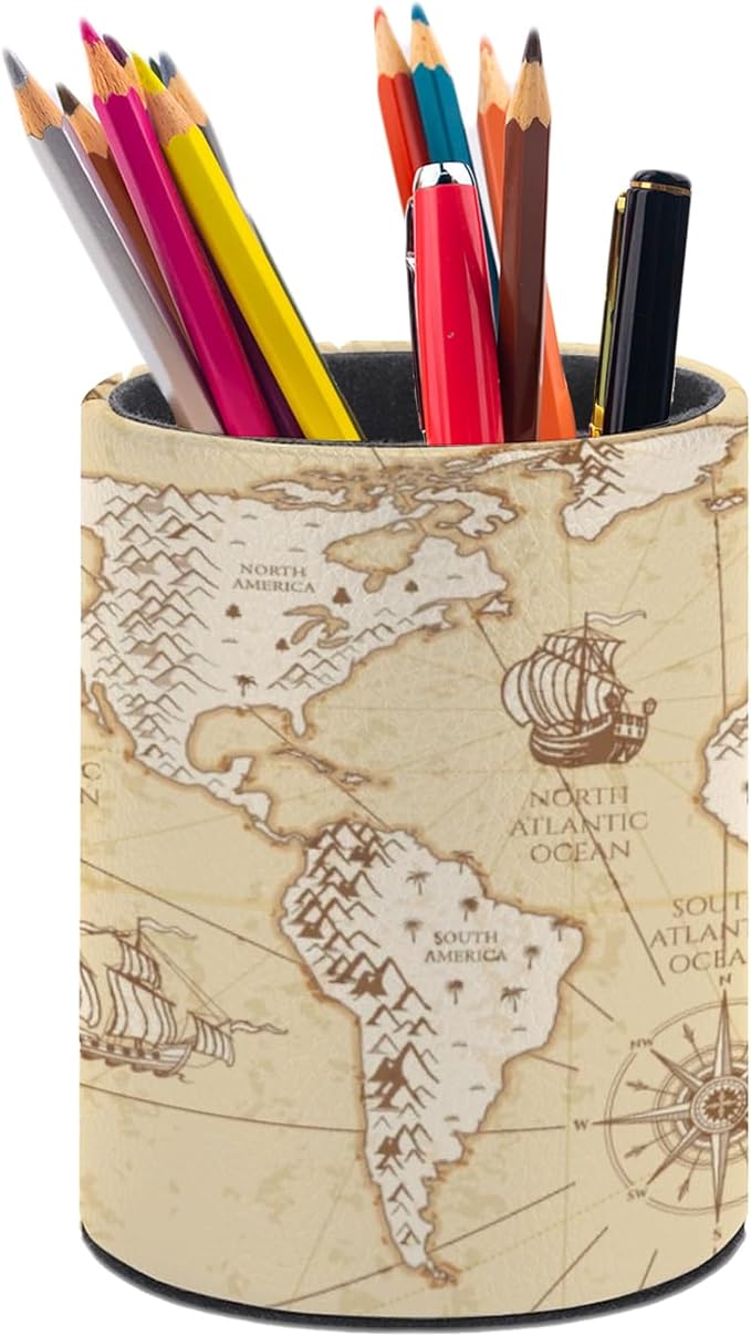Vintage World Map Pen Holder Pencil Organizer Cute Pencil Cup Desk Decor Makeup Brush Holder PU Multifunctional Office Suppliesfor Home Classroom School