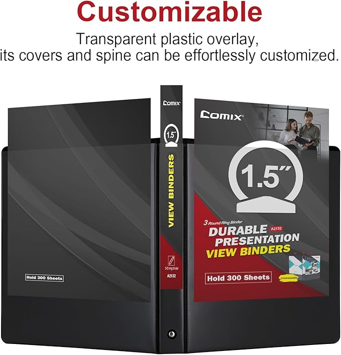 COMIX Sturdy 3 Ring Binder 1.5 inch with Clear View Cover, 1-1/2" Round Ring View Binder, PVC-Free, 300 Sheets Capacity of US Letter Size Paper, Office ＆ School Supplies, 6 Pack (Black)