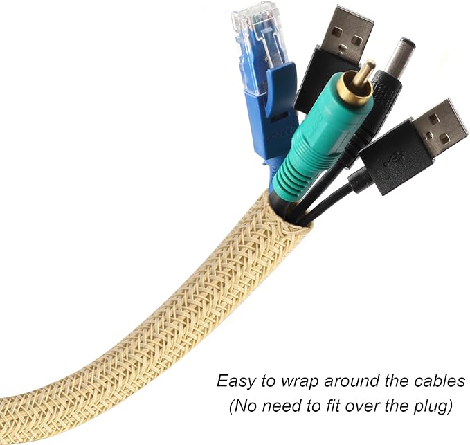 CrocSee 10ft - 1/2 inch Braided Cable Management Sleeve Cord Protector - Self-Wrapping Split Wire Loom for TV/Computer/Home Theater/Engine Bay - Beige