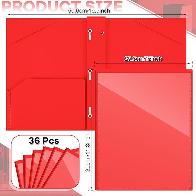 Henoyso 36 Pcs Plastic Folder with Clear Front Pocket and 3 Prong Plastic Folders with Card Slot Pocket and Prongs for School Office