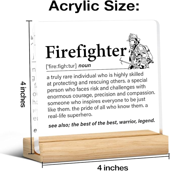 Firefighter Gifts for Women Men, Fireman Gifts, Firefighter Definition Clear Acrylic Desk Decorative Sign for Home Office, 4 x 4 Inches