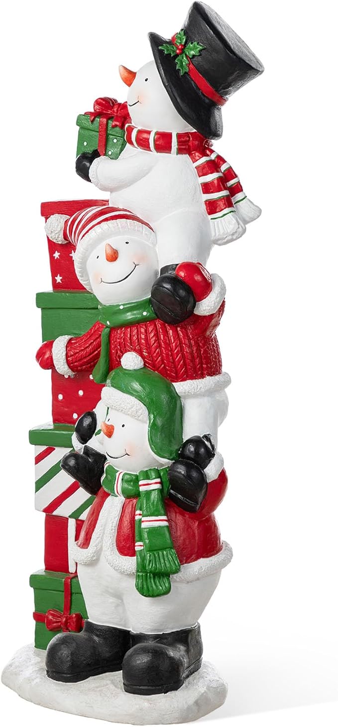 Glitzhome Christmas Stacked Triple Snowman Porch Decor, 35.25"H Resin Statue with Gift Boxes, Hand-Painted Outdoor/Indoor Holiday Display for Entryway