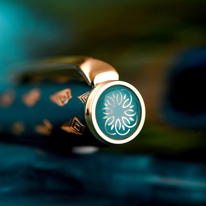 Hongdian N7 Blue Peacock Fountain Pen Resin Piston, Iridium Medium Nib Classic Pen, Smooth Writing Pen with Metal Box