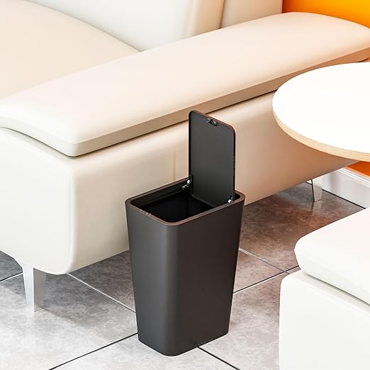 12L Black Covered Bathroom Trash Can,Office Trash Cans for Near Desk,Slim Bedroom Cute Small Trash Can,3.17Gallon Plastic Pet/Dog Proof Bathroom Garbage Can,Thin Waste Basket for Room,Kitchen Trashcan