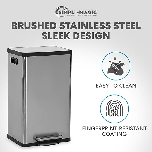 SIMPLI-MAGIC 50 Liter / 13.2 Gallon Soft-Close, Smudge Resistant Trash Can with Foot Pedal and Built in Filter- Stainless Steel, Sleek Finish
