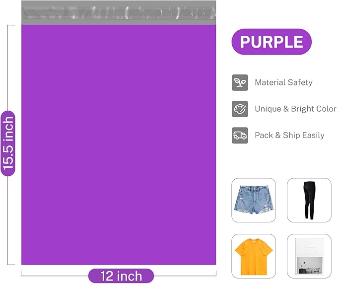 Metronic Poly Mailers 12x15.5 200 Pack Large Shipping Bags，Strong Adhesive Mailing Bags, Waterproof and Tear-Proof Multipurpose Envelopes for Clothing, Small Business,Boutique, Postal Bags Purple