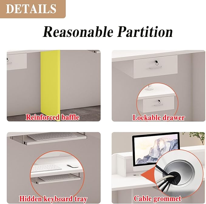 L-Shaped Receptionist Desk，Office Front Desk Reception Counter with Hidden Lighting & Storage Drawer Commercial Checkout Counter Sturdy for Salon Clinic Clothing Store