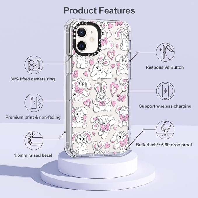 MOSNOVO Case for iPhone 12 Mini, [Buffertech 6.6ft Military-Grade Drop Protection] [Anti Peel Off Tech] Clear TPU Bumper Phone Case Cover Design - Bunnies