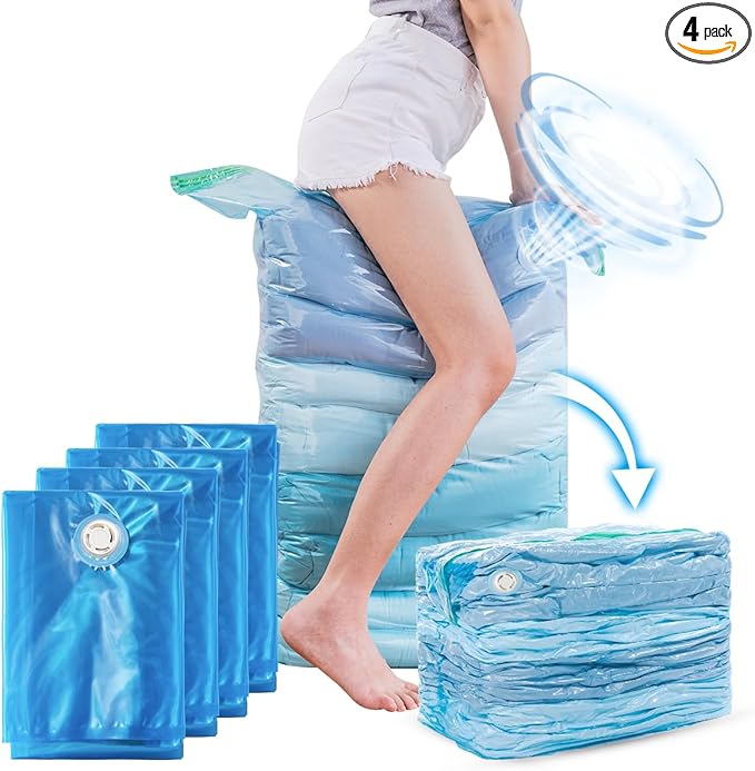TAILI Vacuum Storage Bags 4 Pack, Jumbo Cube (31x40x15 inch), Large Vacuum Seal Bags for Clothing, Beddings Comforters, Blankets, Pillows, Saving Space in Closet, Blue
