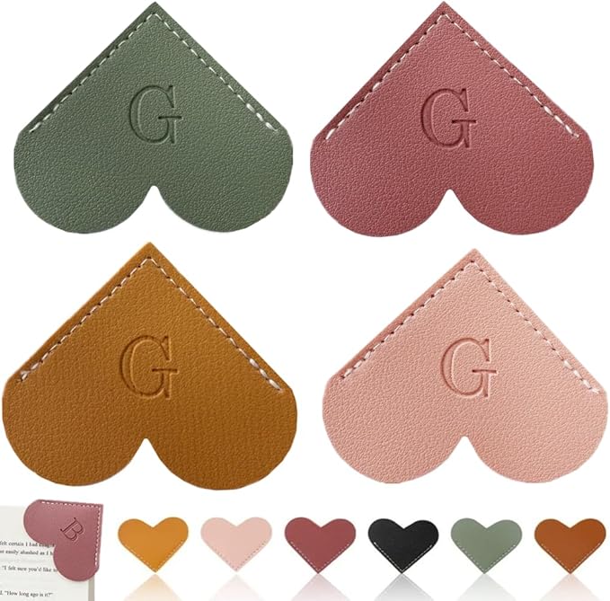 Personalized Leather Heart Bookmark, 26 Letters Customized Corner Book Mark for Reading Women, Book Marker with Initials，Cute Gifts (Light Pink+Deep Pink+Green+Light Brown, G)
