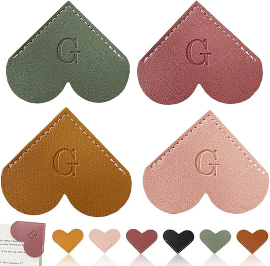 Personalized Leather Heart Bookmark, 26 Letters Customized Corner Book Mark for Reading Women, Book Marker with Initials，Cute Gifts (Light Pink+Deep Pink+Green+Light Brown, G)