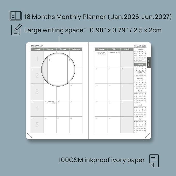 POPRUN Pocket Monthly Planner 2026-2027 (Pocket- 4''x 6.25'' Soft Leather Cover) - 18 Month Calendar Book for Purse (Jan.2026 - Jun. 2027), 100 GSM Thick Paper - Night Sky Blue